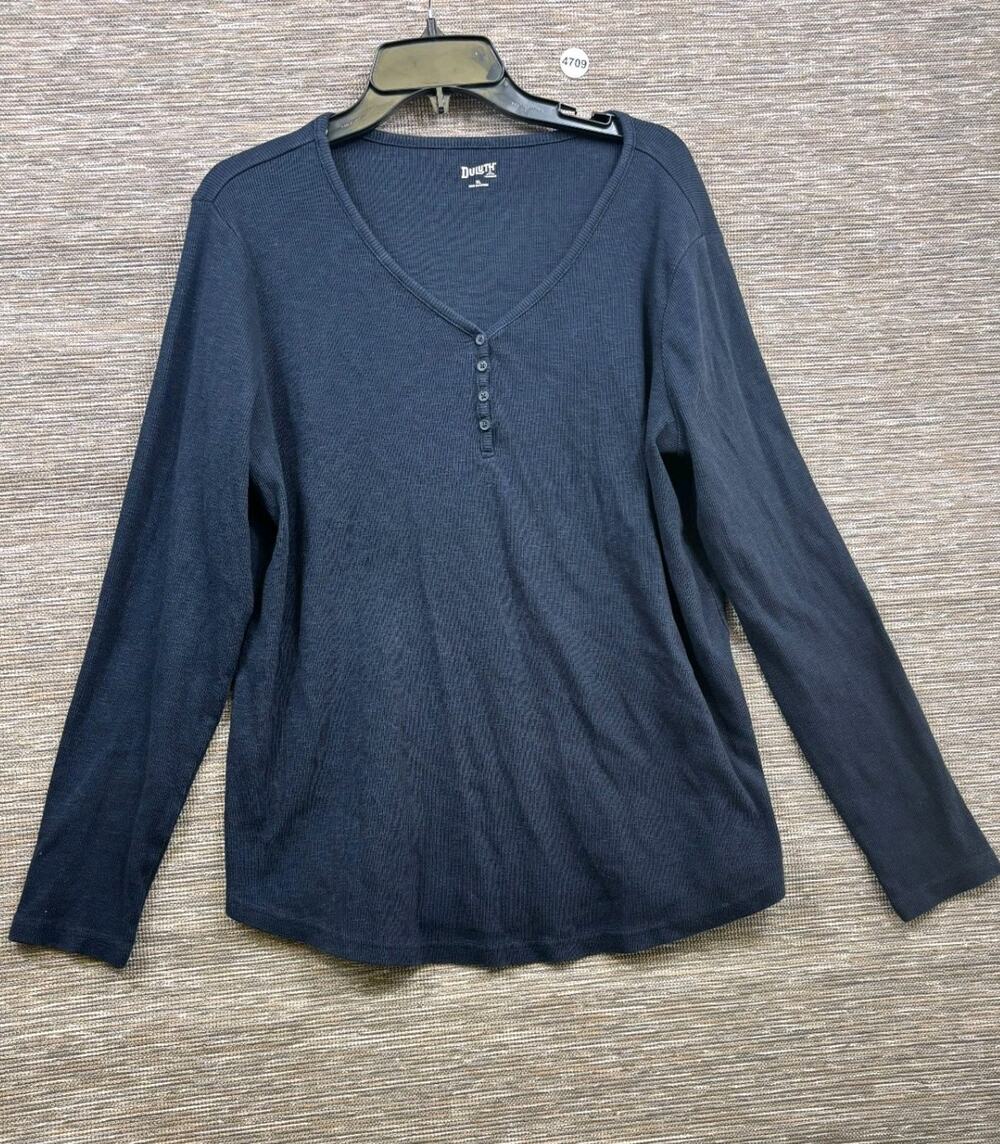 Duluth Trading Makers Studio Cotton Rib Slub Henley Top Womens Size XL Navy